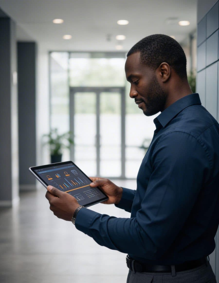 Gestor consultando o painel do Smart Locker Stoom em um tablet